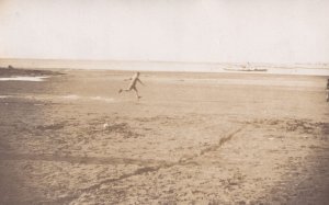 Lunatic Boy Running On Brighton Beach Real Photo Antique Postcard