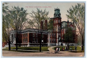 1910 High School Library Exterior Building Lansing Michigan MI Vintage Postcard