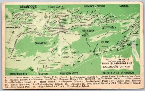 Postcard Gananoque Ontario c1940s 1000 Islands Boat Line Map Scenic Routes