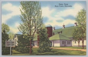 Linen~Dairy Farm~Boystown Nebraska~Trees~Bldgs~Grain Bins~Sign Out Front~Vtg PC