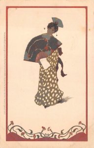 JAPAN JAPANESE WOMAN KIMONO FAN BLACK AMERICANA ART NOUVEAU POSTCARD (c. 1900)