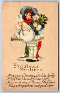 Christmas Poem~Lil Girl Redhead~Arm Full Gifts & Holly~Blue Hat~1924 Art Deco
