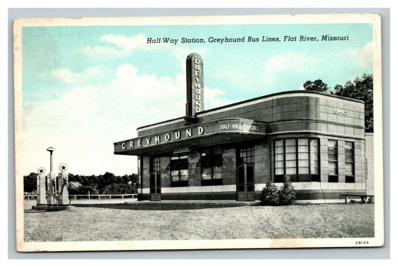 Vintage 1948 Postcard Half-Way Station Greyhound Bus Lines Flat River Missouri