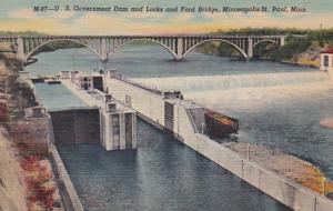 Minnesota Minneapolis-St Paul U S Government Dam & Locks & Ford Bridge Curteich