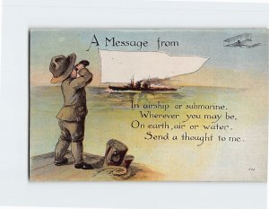 Postcard A Message from, with Poem, Soldier Ship Plane Art Print, Greeting Card