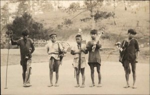 Philippines? Native Boys Golf Course Clubs Bags Caddy c1910 Real Photo Postcard