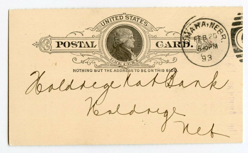 United States Postal Card The American National Bank Omaha Nebraska Dated 1893