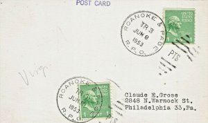 Roanoke & Page WV 1953 TR 3 R. P. O. Cancel Postcard