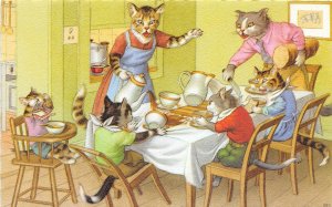G91/ Dressed Cats Alfred Mainzer Postcard c1940s Spilled Milk Tea 40