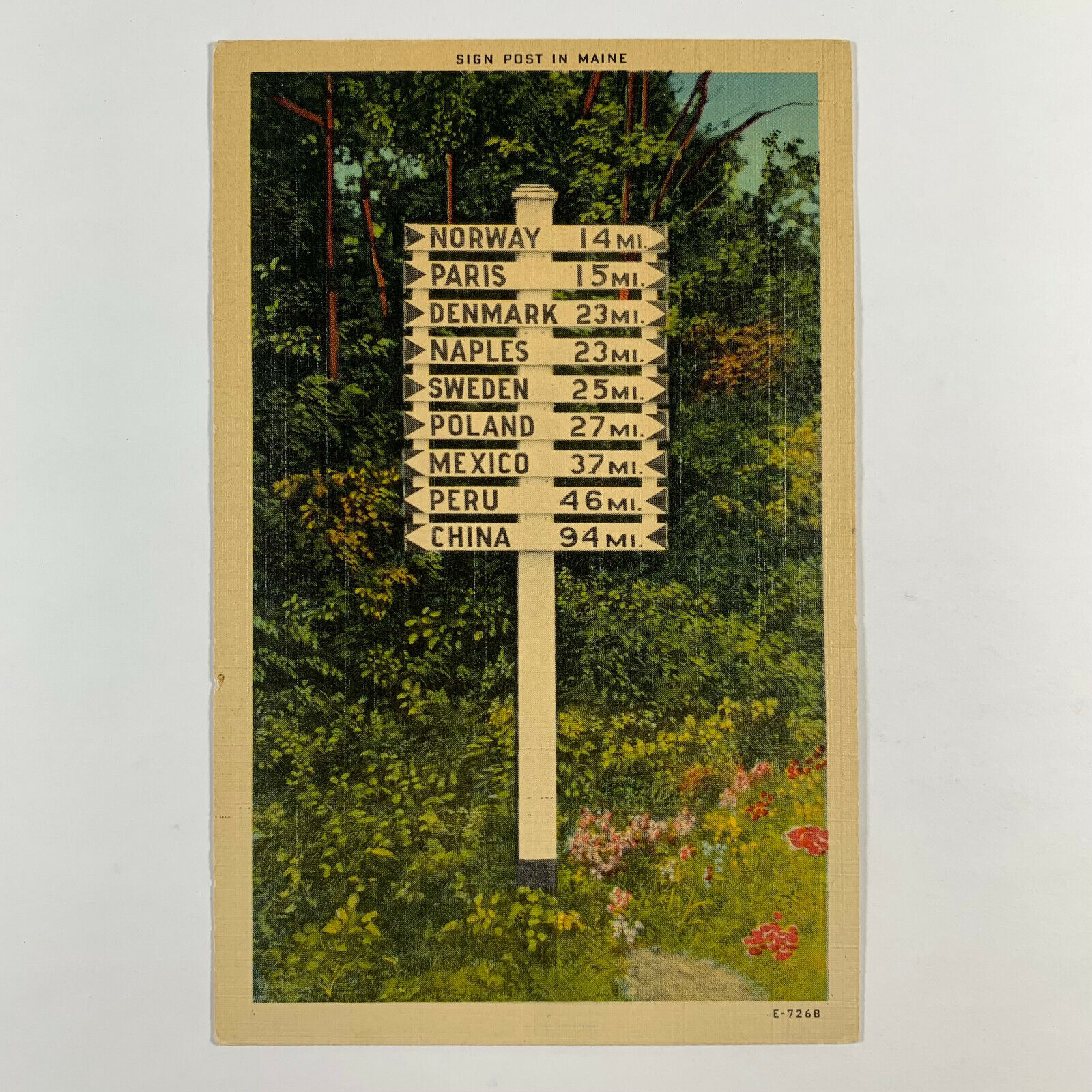 Postcard Maine ME Sign Post Paris Peru China Naples 1940s Linen