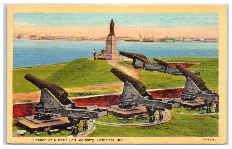 Mid-1900s Cannons at Historic Fort McHenry, Baltimore, MD Postcard