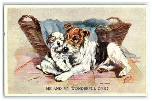 1907-15 Mabel Gear Terrier Postcard Me & My Wonderful One! Basket Valentine Dogs 