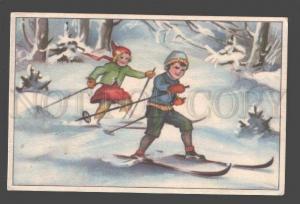 088766 SKIING Kids in Forest Vintage Colorful PC