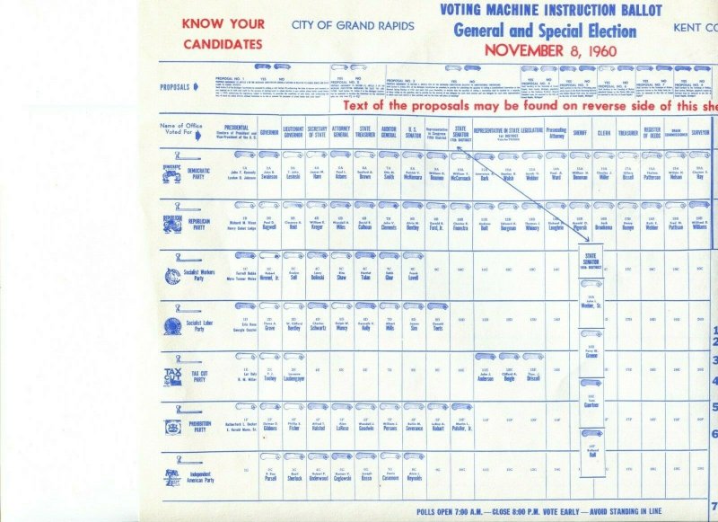 Grand Rapids MI Kennedy Voting Machine Instruction Ballot Nov 1960 - B4