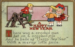 New Year Fantasy Gnome Elf Greets Children c1910 Vintage Postcard