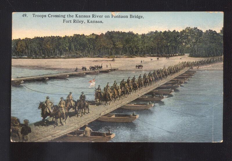 FORT RILEY KANSAS TROOPS CROSSING THE KANSAS RIVER BRIDGE VINTAGE POSTCARD