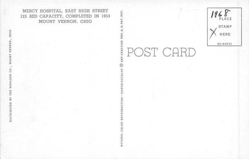 Mount Vernon Ohio 1960s Postcard Mercy Hospital on East High