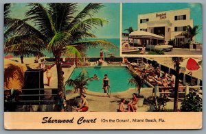 Postcard Miami Beach FL c1964 Sherwood Court Hotel Dual View Swim Pool Defunct