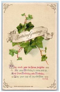 John Winsch Artist Signed Postcard Birthday Greetings Ivy Leaf Embossed c1910's