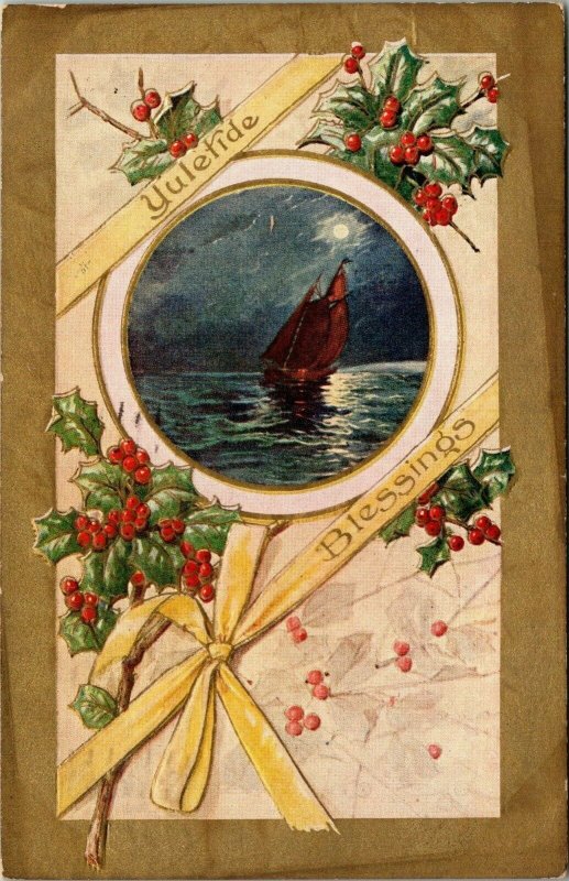 Vintage 1910s Sailboat Yuletide Blessings Holly Leaves Merry Christmas Postcard