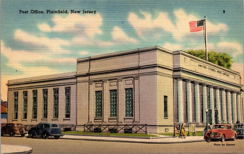 Vtg 1940s Post Office Old Cars Plainfield New Jersey NJ Unused Linen Postcard