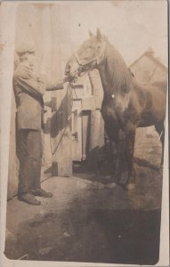 RPPC Postcard Man Talking to His Horse