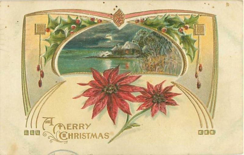 1910 Christmas Postcard Poinsettias, Cottage on Water, Gold Trim, Embossed 