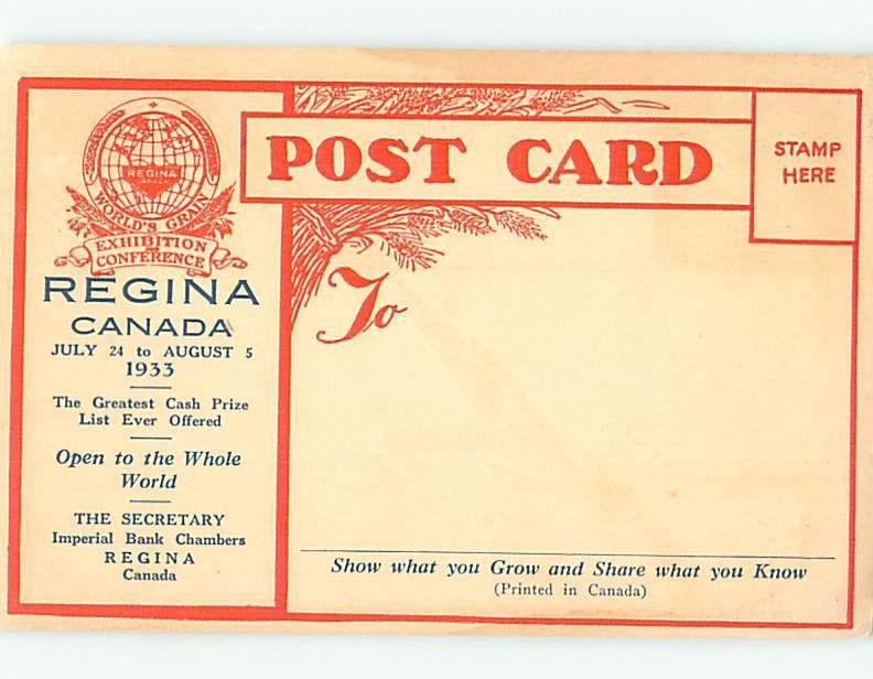 1933 postcard QSL CARD - WORLD GRAIN CONFERENCE Regina Saskatchewan SK HM4586