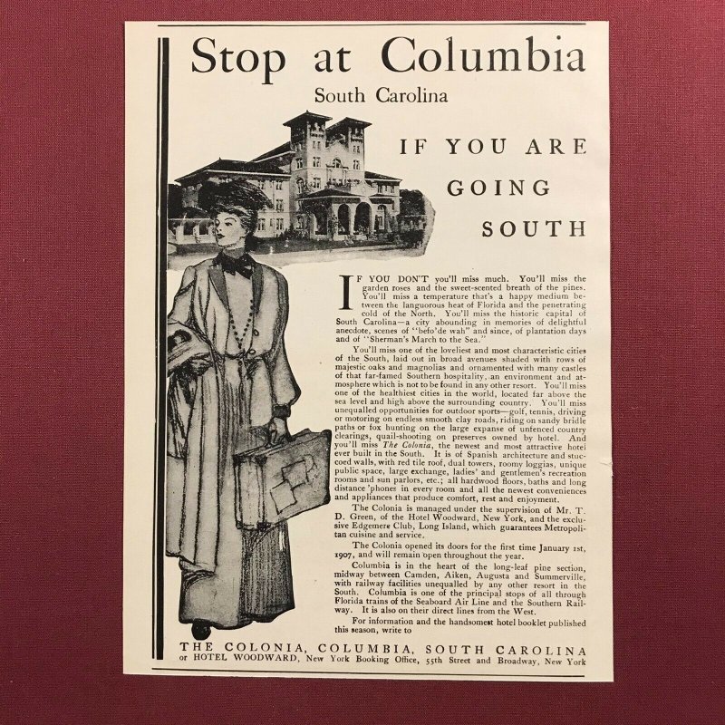 The Colonia, Columbia, South Carolina Original 1907 Print Ad 2V1-32 