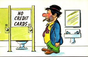 Humour Man Looking At Pay Toilet No Credit Cards