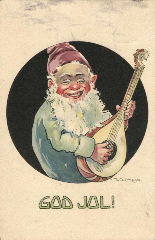 GOD JUL!, Swedish Christmas Postcard, Gnome play Mandolin (1910s) Signed Meijer