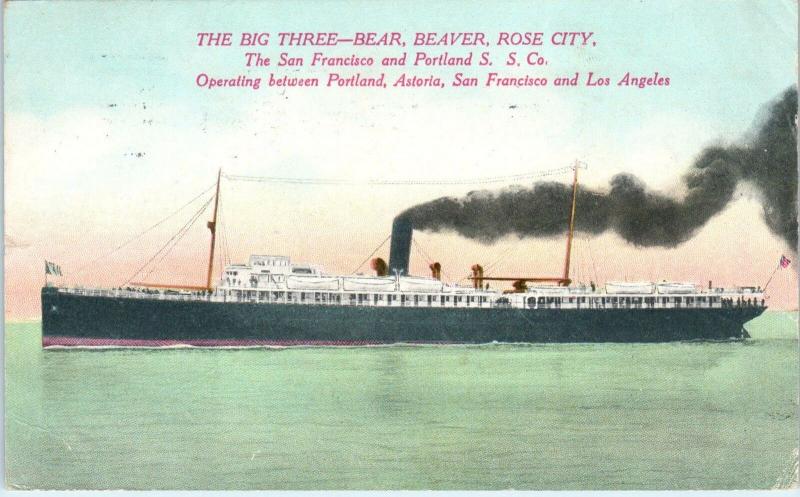 SAN FRANCISCO, CA One of  BIG 3 STEAMSHIPS: BEAR, BEAVER, ROSE  1914 Postcard 