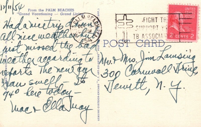 Palm Beach Florida, 1954, Memorial Fountain, Grand Memorial Park, Postcard