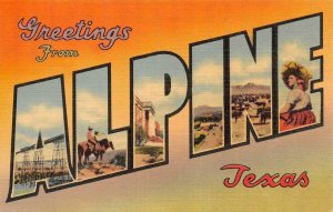 Texas TX ~ ALPINE LARGE LETTER LINEN  Brewster County COWBOYS  ca1940's Postcard