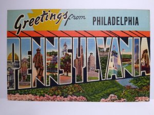 Greeting From Philadelphia Large Letter Postcard Pennsylvania Linen Curt Teich