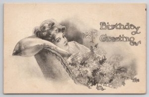 Birthday Greetings Pretty Woman With Flowers Artist Sketch Style Postcard T28