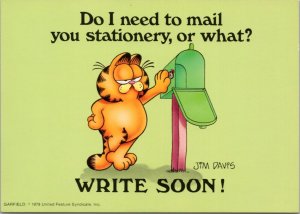 Postcard Garfield by mailbox Do I need to mail you stationery, or what?