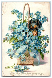 Birthday Greetings Pansies Flowers Dachshund Dog In Basket Tuck's Postcard