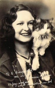 Real Photo, Cat and her Human, Radio Performer, Frances Bowdon,  Old Postcard