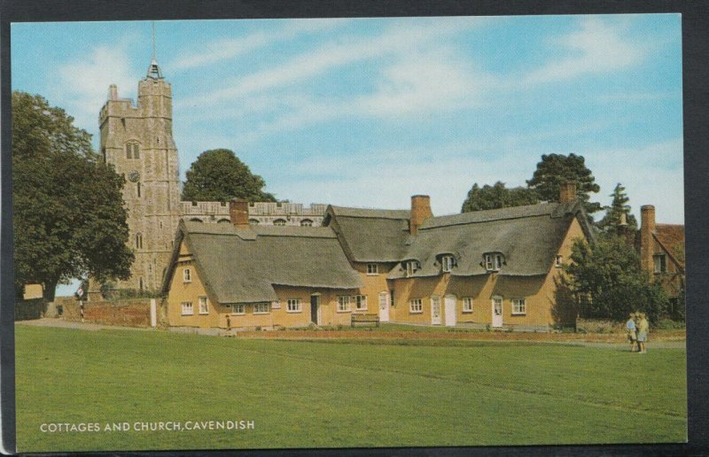 Suffolk Postcard - Cottages and Church, Cavendish      T4447 