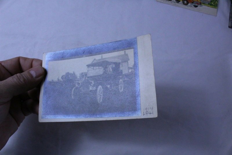 1914 Unused Photo Postcard Black & White Ford Jalopy Farmhouse Background