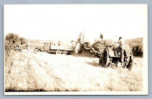 ANAMESA IA TRESHING OATS VINTAGE REAL PHOTO POSTCARD RPPC FARMING TRUCK TRACTOR