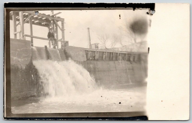 RPPC Man Sits on Scaffolding Beam Over Top Newly Constructed Dam~c1910 Postcard 