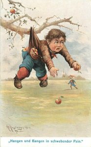 German illustrator hanging and trembling in pending pain apple thief caricature