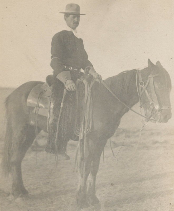  c1910 RPPC US Mounted Cavalry Soldier Wooly Chaps Crop Lariat Photo Postcard