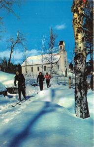 Lac-Beauport Quebec~Skiers Skiing past Chapel~Birch Trees~near Quebec City~Pc