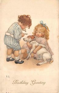 BIRTHDAY GREETING CHILDREN SPOON OF SUGAR & DOG M. MUNK POSTCARD 1911