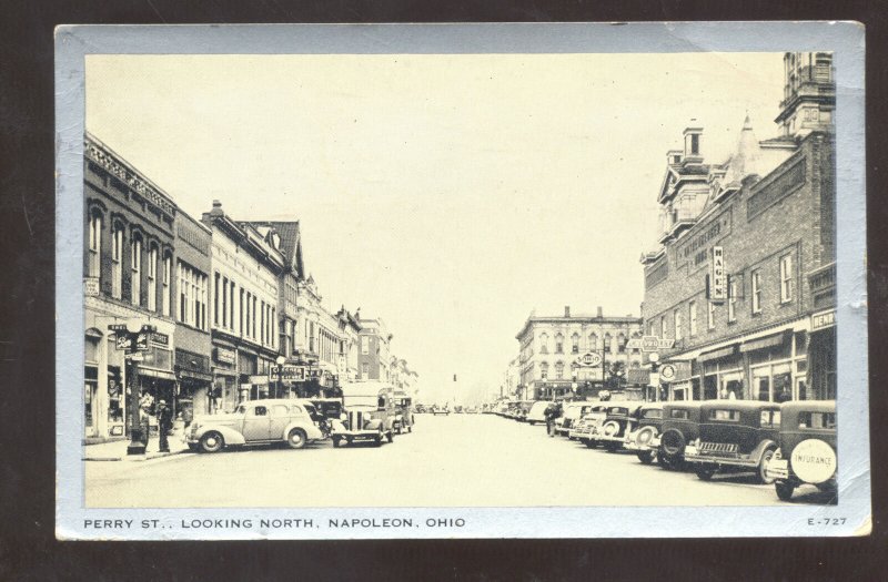 NAPONEON OHIO DOWNTOWN PERRY STREET SCENE OLD CARS VINTAGE POSTCARD