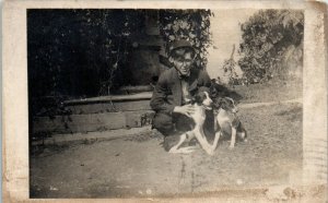 1910s Man Posing with Two Dogs Puppies Indiana RPPC Real Photo Postcard