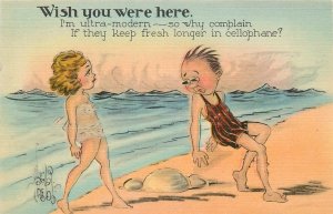 1940s Beach couple cellophane bathing suit sexy woman comic Postcard 25-3044